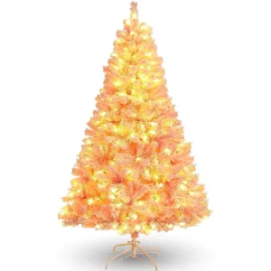 relaxed 6FT Pre-Lit Artificial Christmas Tree for Home, Office, Snow Flocked Christmas Pine Tree, Party Decoration w/ 250 Warm LED Lights, 640 Branch Tips, Metal Hinges & Foldable Base Pink Pre-Lit Flocked