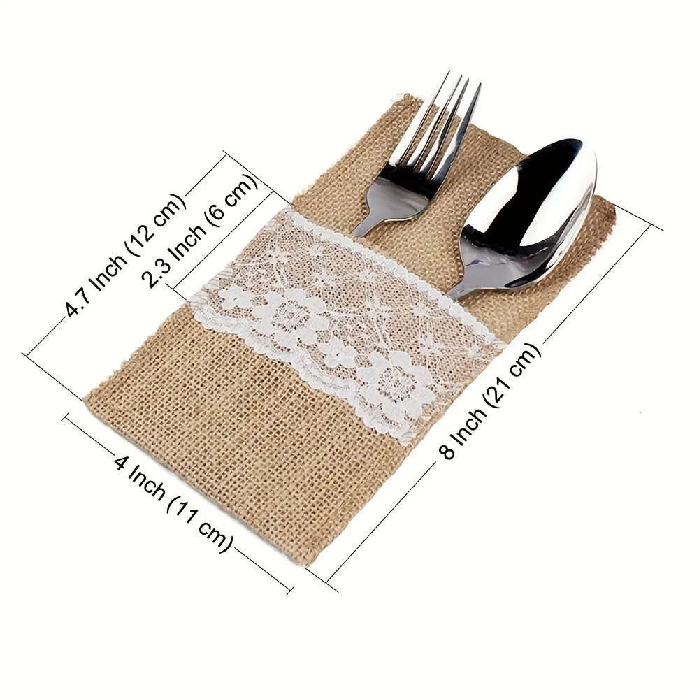 10pcs Rustic Burlap Lace Cutlery Holders for Wedding Decor