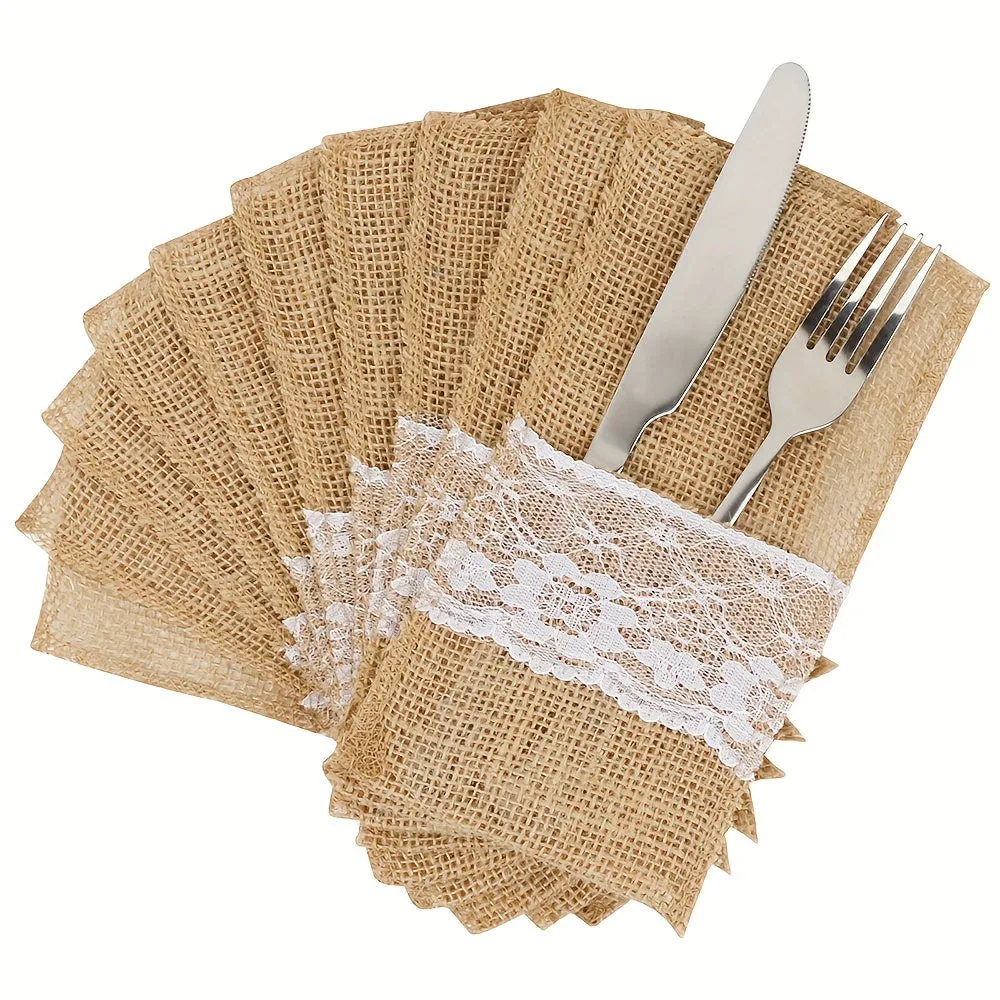 10pcs Rustic Burlap Lace Cutlery Holders for Wedding Decor