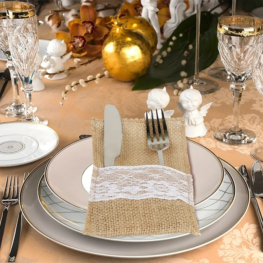 10pcs Rustic Burlap Lace Cutlery Holders for Wedding Decor