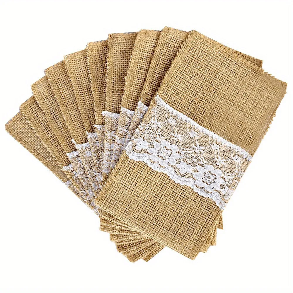 10pcs Rustic Burlap Lace Cutlery Holders for Wedding Decor