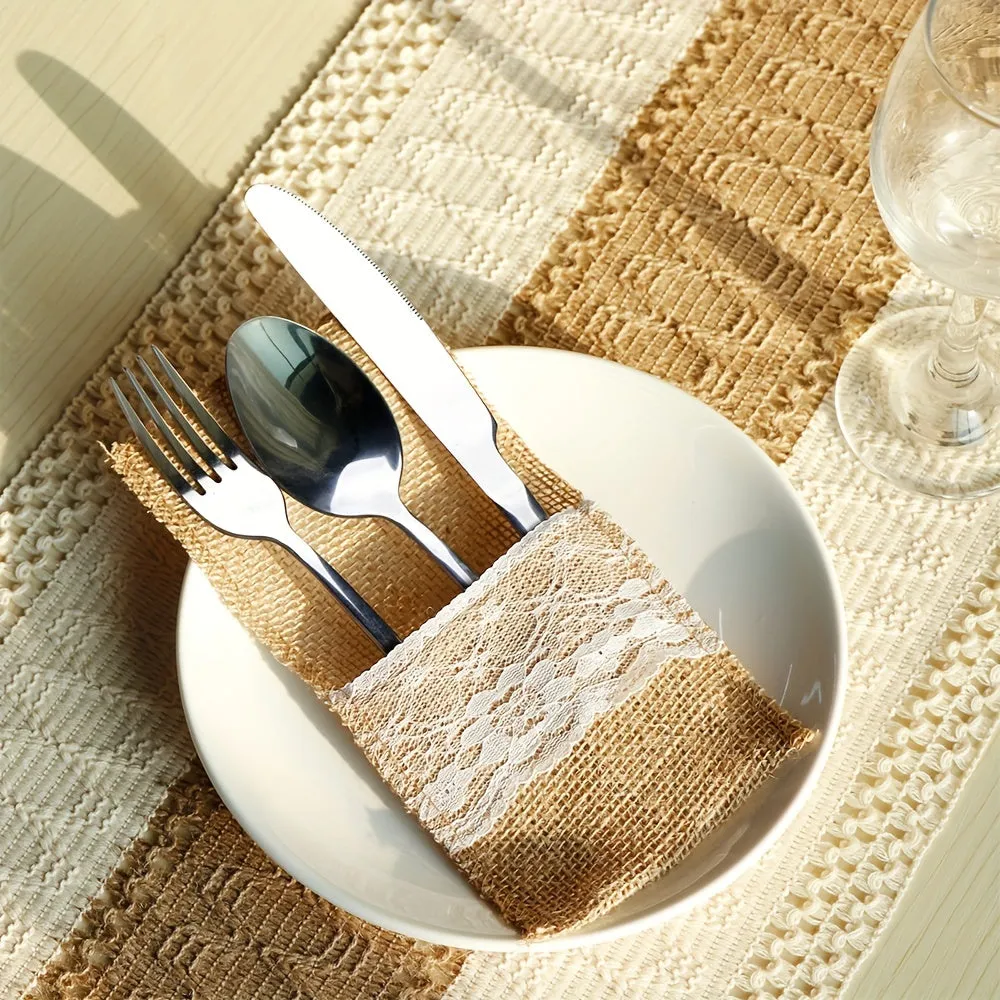 10pcs Rustic Burlap Lace Cutlery Holders for Wedding Decor