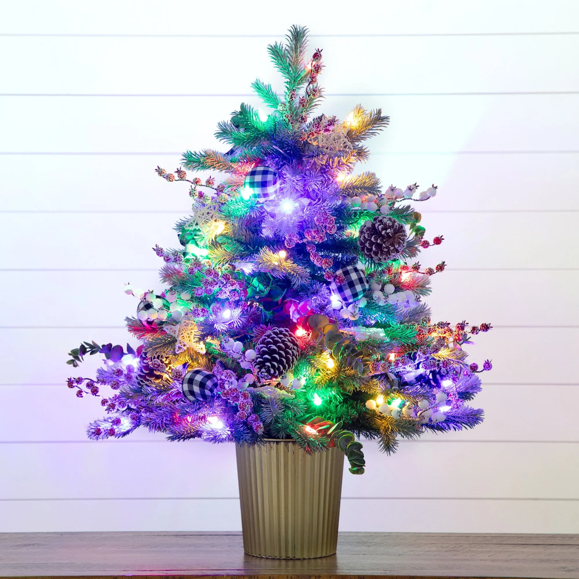 3' Pre-Lit Artificial Snow Covered Decorative Christmas Tree in Golden Planter with 80 Color Changing LED Lights