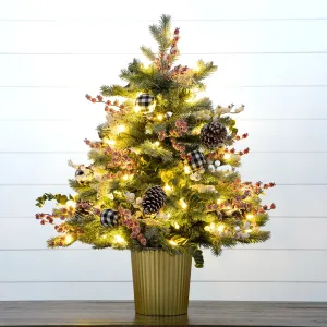 3' Pre-Lit Artificial Snow Covered Decorative Christmas Tree in Golden Planter with 80 Color Changing LED Lights