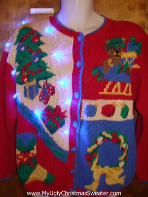 80s Colorful Ugly Christmas Sweater Cardigan with Lights