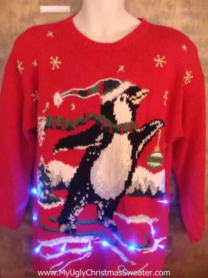 BEST 80s Skiing Penguin Light Up Ugly Xmas Sweater