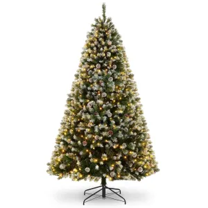 cozy 6FT Pre-Lit Artificial Christmas Tree for Home, Office, Snow Flocked Christmas Pine Tree, Party Decoration w/ 250 Warm LED Lights, 640 Branch Tips, Metal Hinges & Foldable Base Green 7.5FT Pre-Lit Pre-Decorated