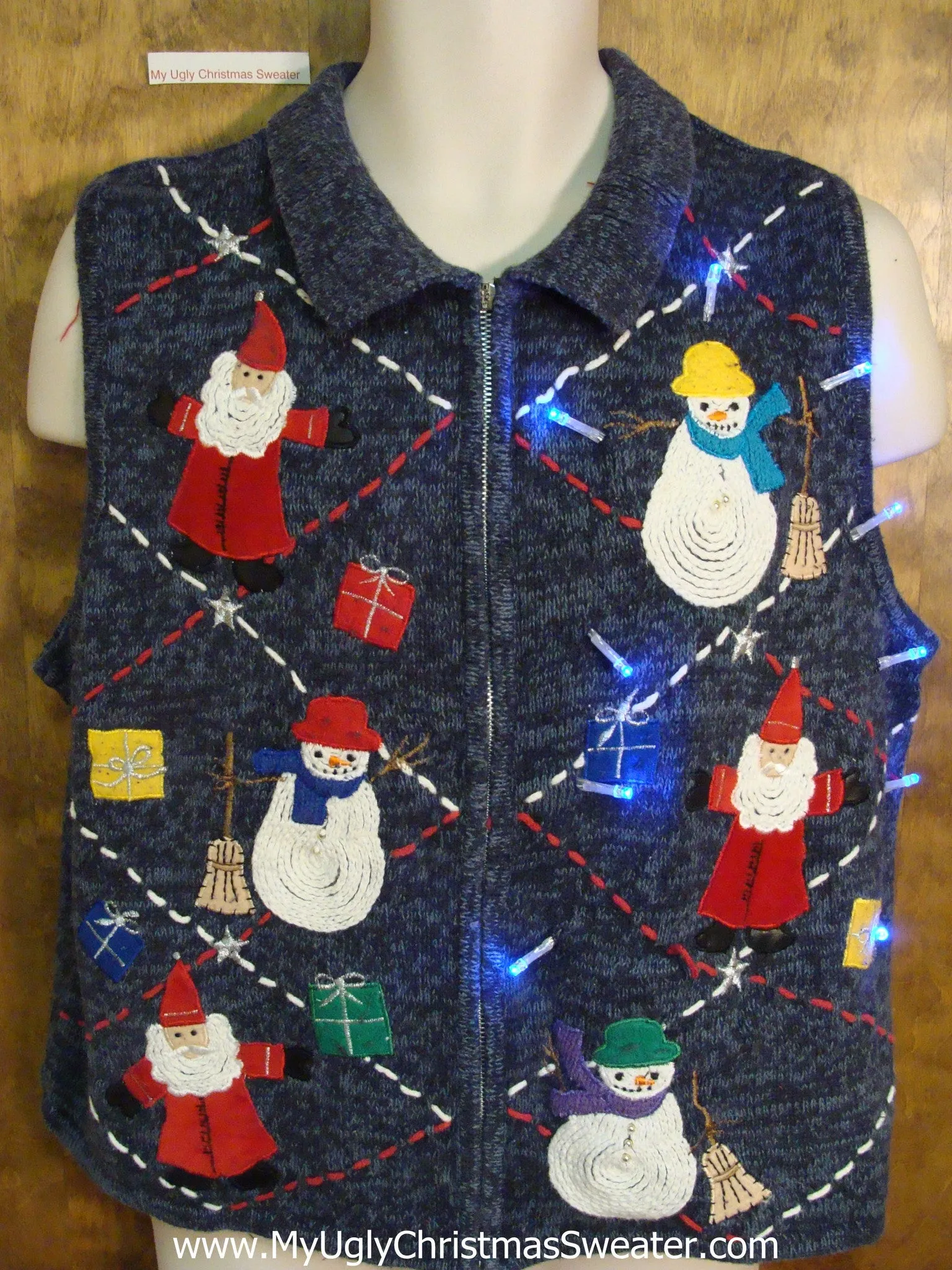 Cute Christmas Sweater Vest with Wizard Santas and Lights