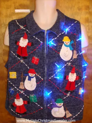 Cute Christmas Sweater Vest with Wizard Santas and Lights