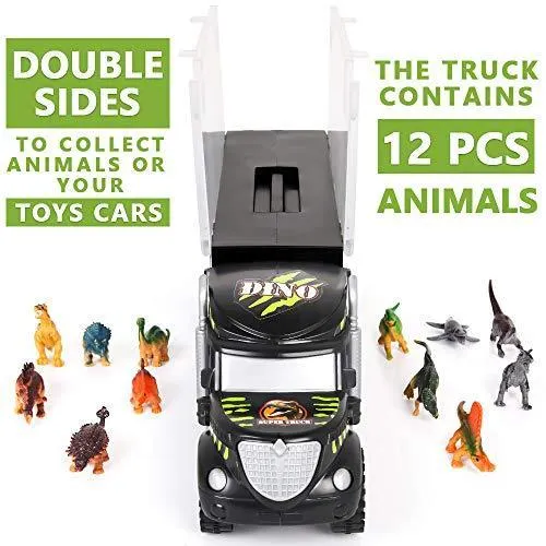 Dinosaur Toys Truck Transport，Double Inside Storage Dinosaur Carrier Truck.