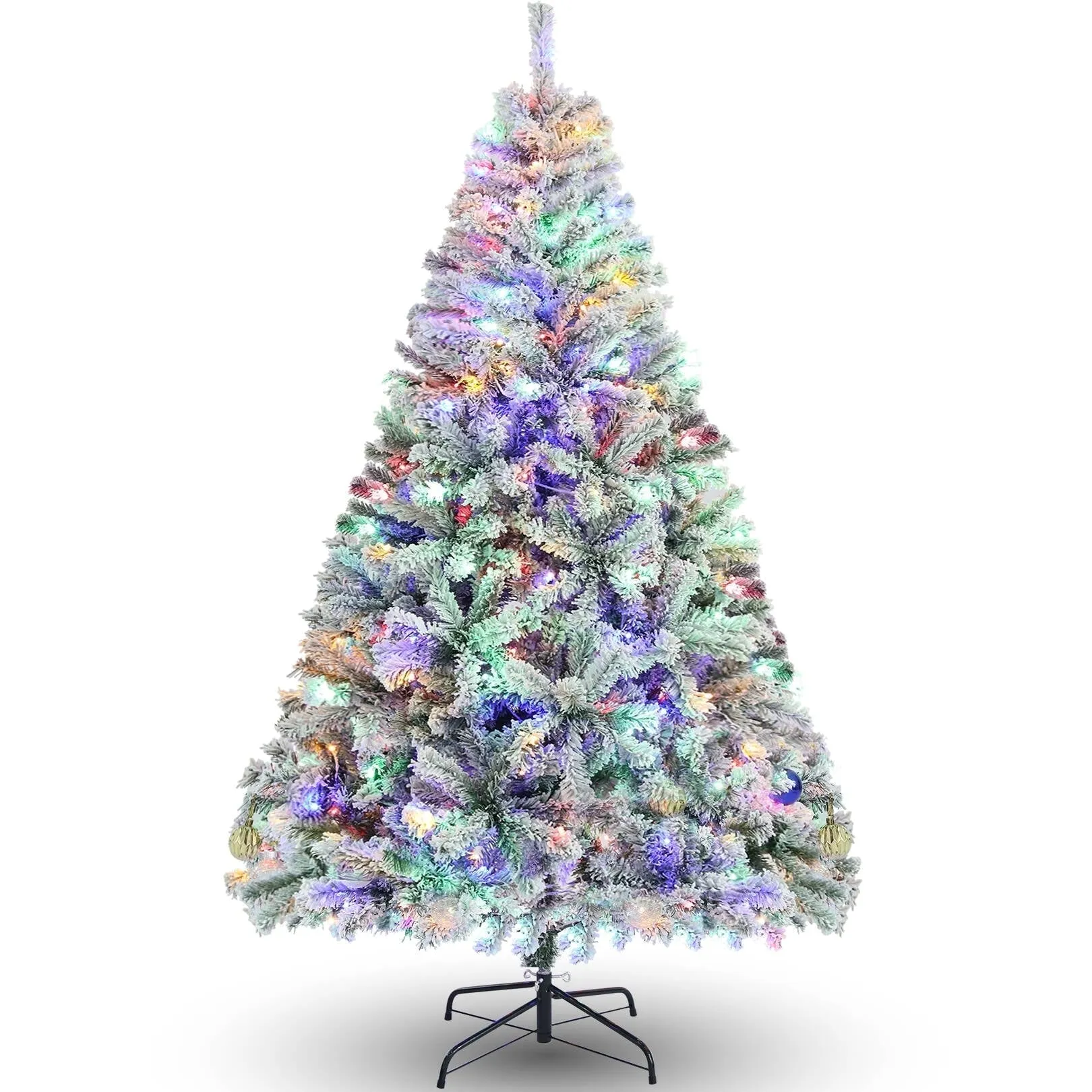 essential 6FT Pre-Lit Artificial Christmas Tree for Home, Office, Snow Flocked Christmas Pine Tree, Party Decoration w/ 250 Warm LED Lights, 640 Branch Tips, Metal Hinges & Foldable Base Green Pre-Lit Flocked