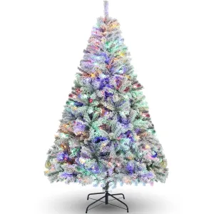 essential 6FT Pre-Lit Artificial Christmas Tree for Home, Office, Snow Flocked Christmas Pine Tree, Party Decoration w/ 250 Warm LED Lights, 640 Branch Tips, Metal Hinges & Foldable Base Green Pre-Lit Flocked