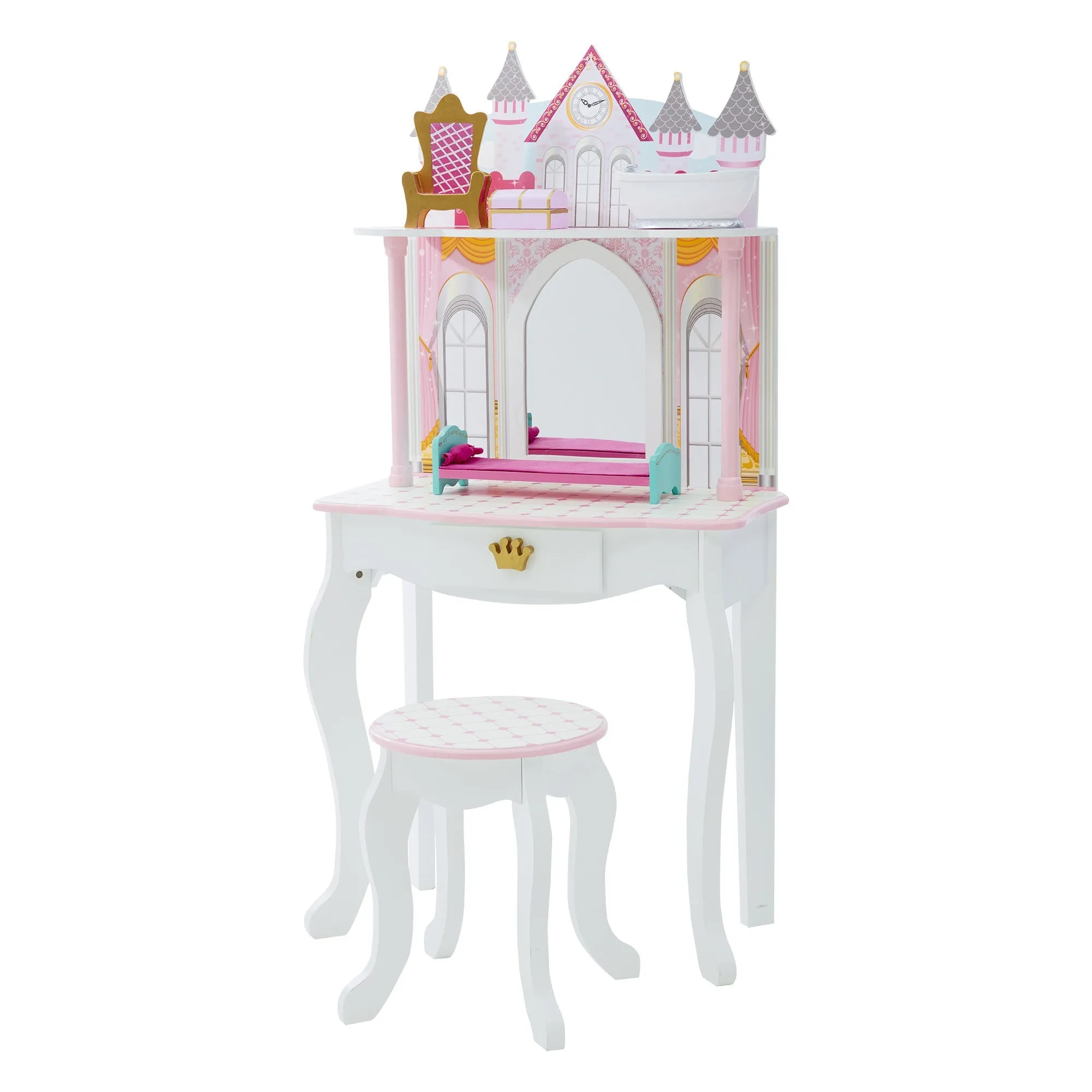 Fantasy Fields Kids Dreamland Castle Vanity Set With Chair And Accessories, White/pink