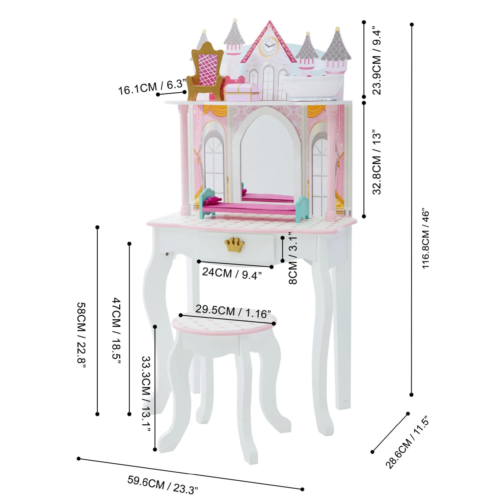 Fantasy Fields Kids Dreamland Castle Vanity Set With Chair And Accessories, White/pink