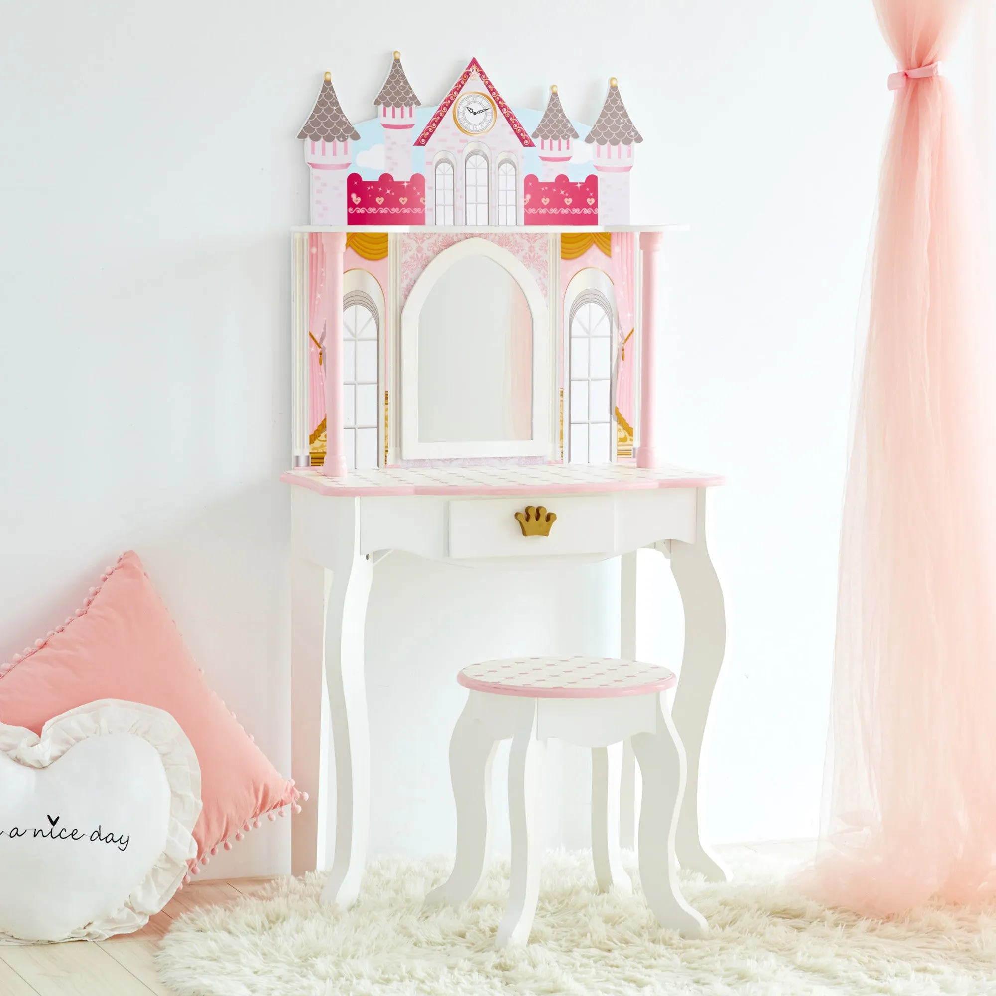 Fantasy Fields Kids Dreamland Castle Vanity Set With Chair And Accessories, White/pink