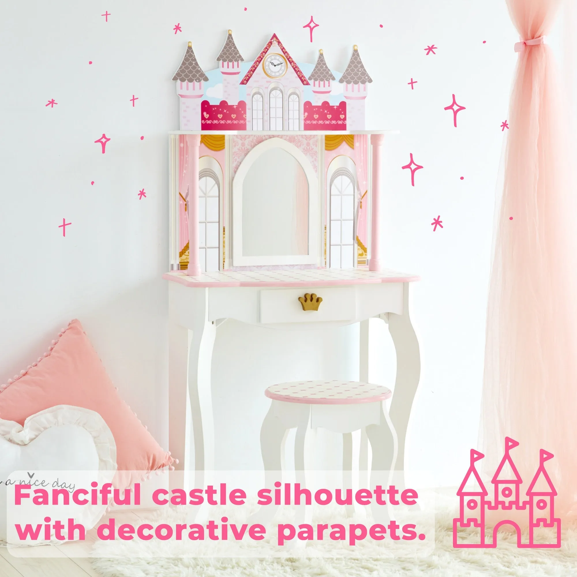 Fantasy Fields Kids Dreamland Castle Vanity Set With Chair And Accessories, White/pink