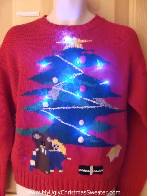 Funny Christmas Sweater with Lights 80s Tree with Bear