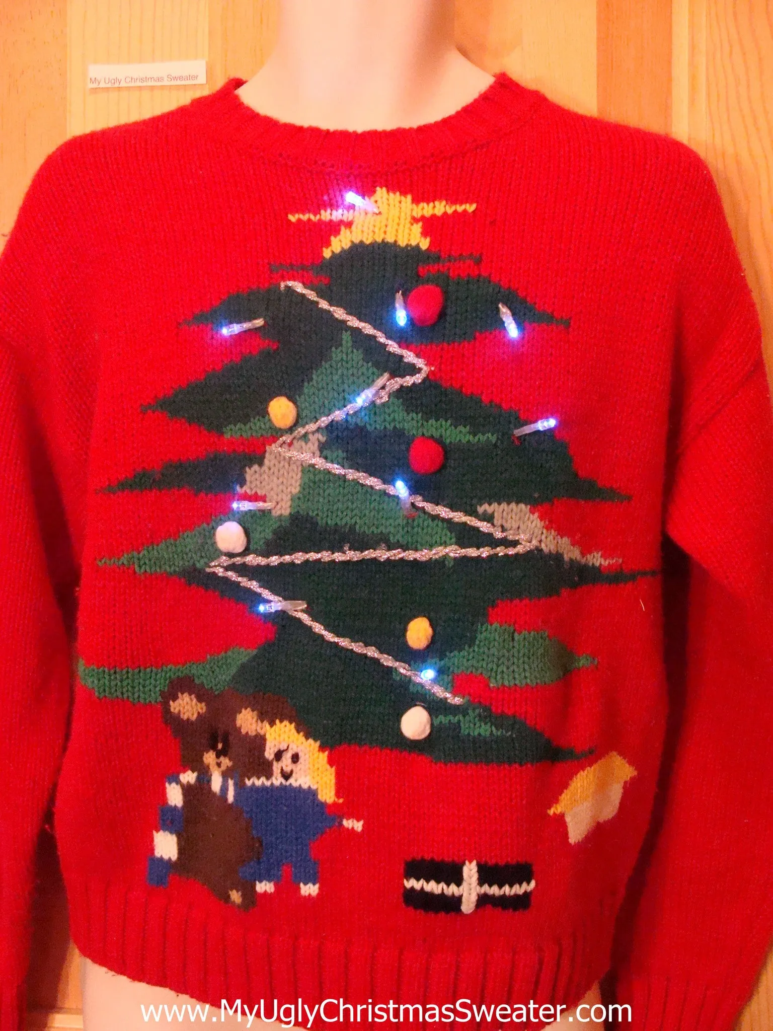 Funny Christmas Sweater with Lights 80s Tree with Bear