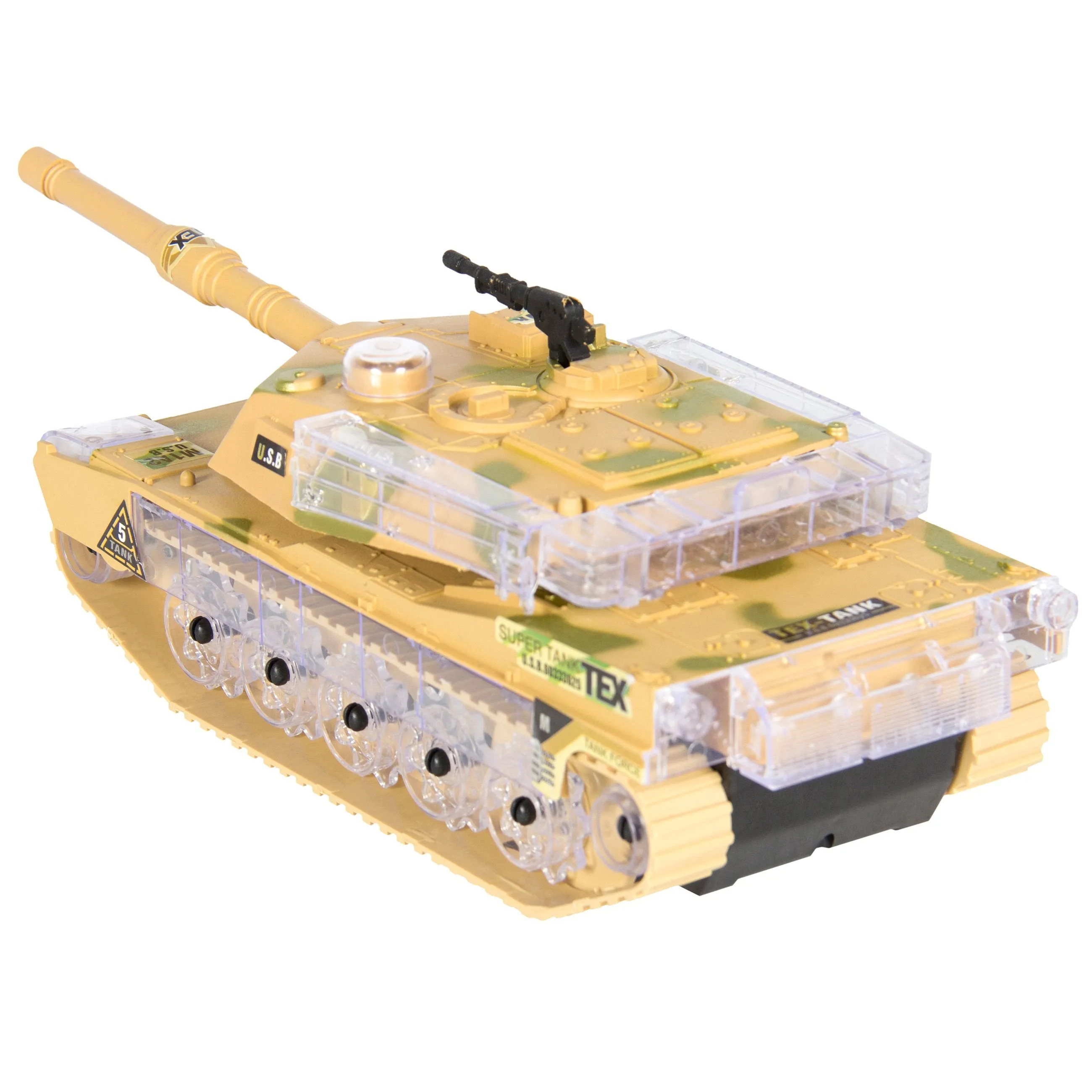 Kids Military Tank Toy w/ Lights, Sound, Bump and Go Action - Beige