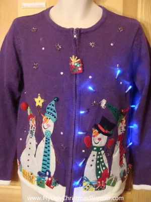 Light Up Blue Funny Ugly Xmas Sweater Festive Snowmen