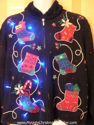 Light Up Ugly Xmas Sweater Cheesy Stockings Furry Collar