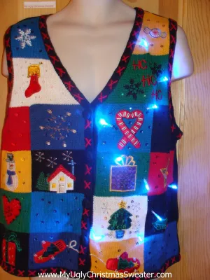 Light Up Ugly Xmas Sweater Vest Colorblock Fun