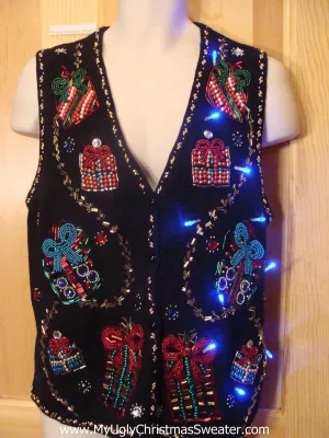 Light Up Ugly Xmas Sweater Vest with Cheesy Gifts