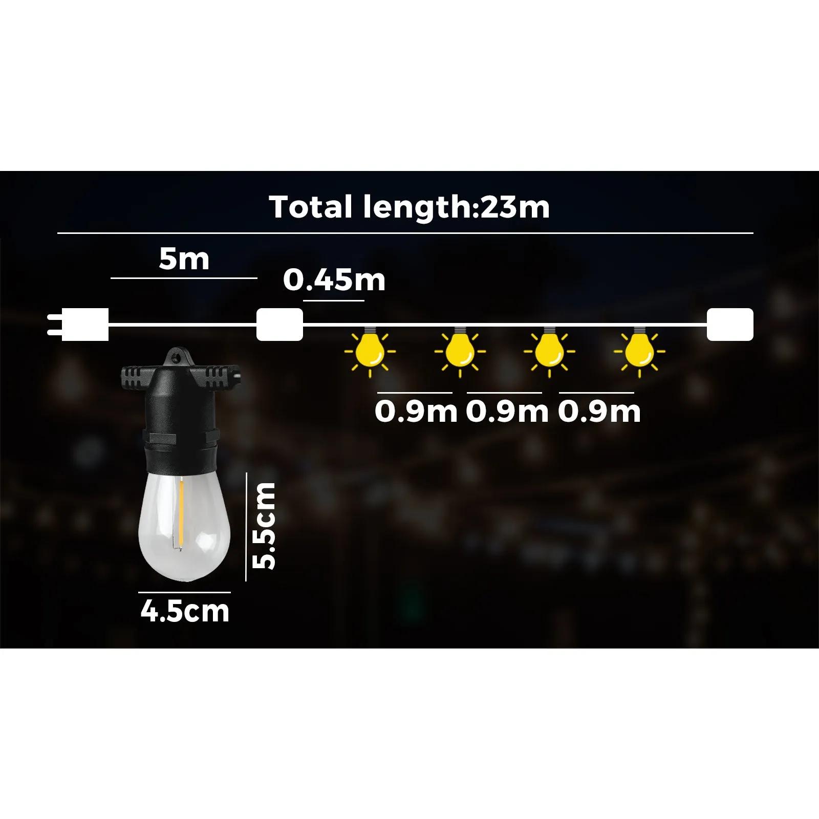 Mazam 23M LED Festoon Lights String Light Waterproof Wedding Party Outdoor