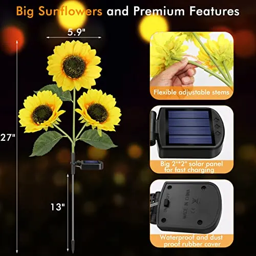 Meagoo Solar Sunflower Lights, 800mA Solar Garden Light with Real Looking Flowers Outdoor Waterproof Solar Stake Lights for Back Yard, Flower Bed, Pathway, Patio, Porch, Fall Decoration (2 Pack)