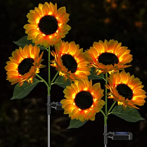 Meagoo Solar Sunflower Lights, 800mA Solar Garden Light with Real Looking Flowers Outdoor Waterproof Solar Stake Lights for Back Yard, Flower Bed, Pathway, Patio, Porch, Fall Decoration (2 Pack)