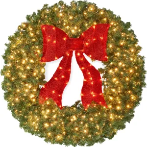 modern 48in Artificial Pre-Lit Fir Christmas Wreath Decor w/ Red Bow, 250 LED Lights, 714 Tips, Plug-In 48' 48'