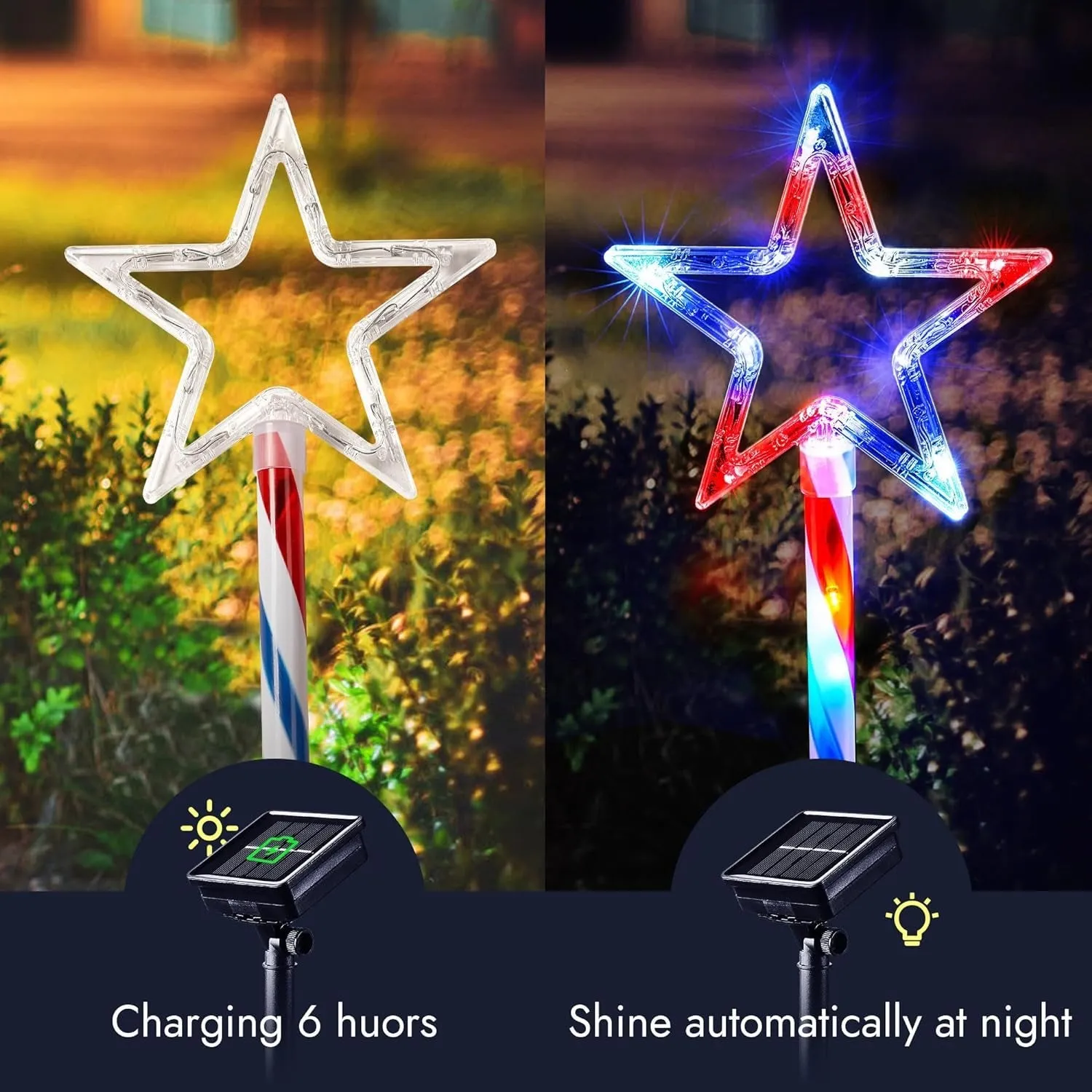 Patriotic Solar Pathway Lights – 4PCS Red, White & Blue Star Decorations with Waterproof Lighted Stakes and 8 Modes for 4th of July and Christmas Outdoor Decor