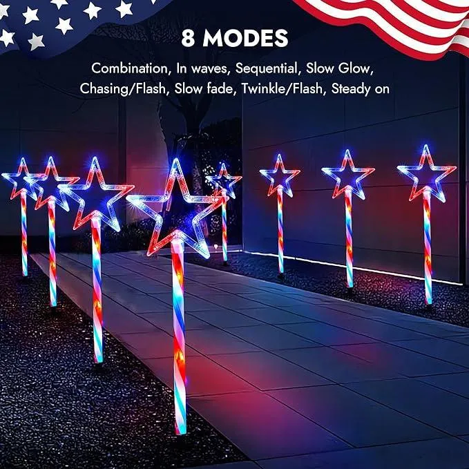 Patriotic Solar Pathway Lights – 4PCS Red, White & Blue Star Decorations with Waterproof Lighted Stakes and 8 Modes for 4th of July and Christmas Outdoor Decor