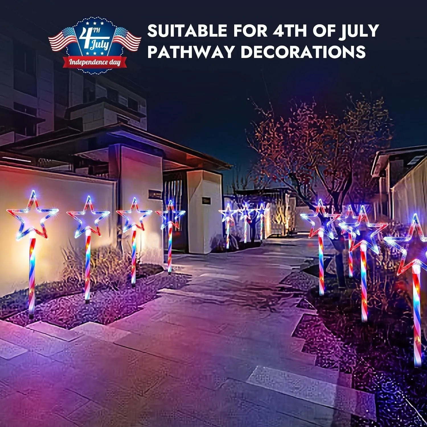 Patriotic Solar Pathway Lights – 4PCS Red, White & Blue Star Decorations with Waterproof Lighted Stakes and 8 Modes for 4th of July and Christmas Outdoor Decor