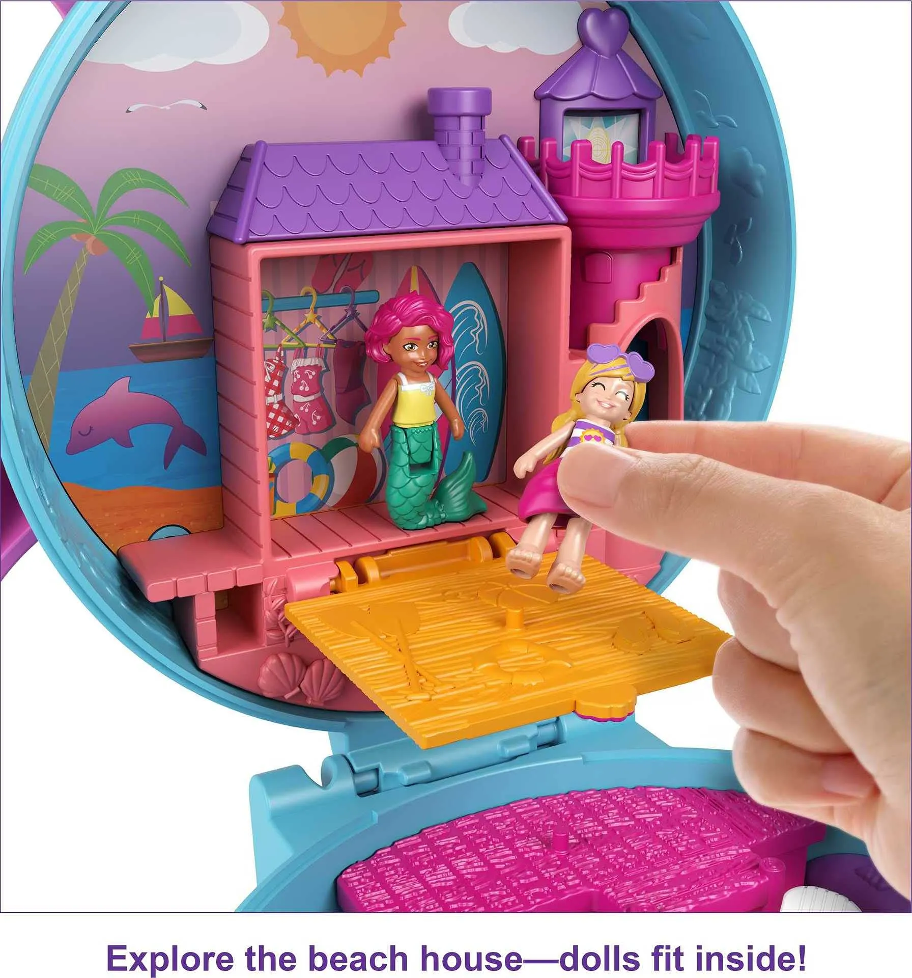 Polly Pocket Dolphin Beach Compact, Beach-Adventure Theme with Micro Polly & Mermaid Doll