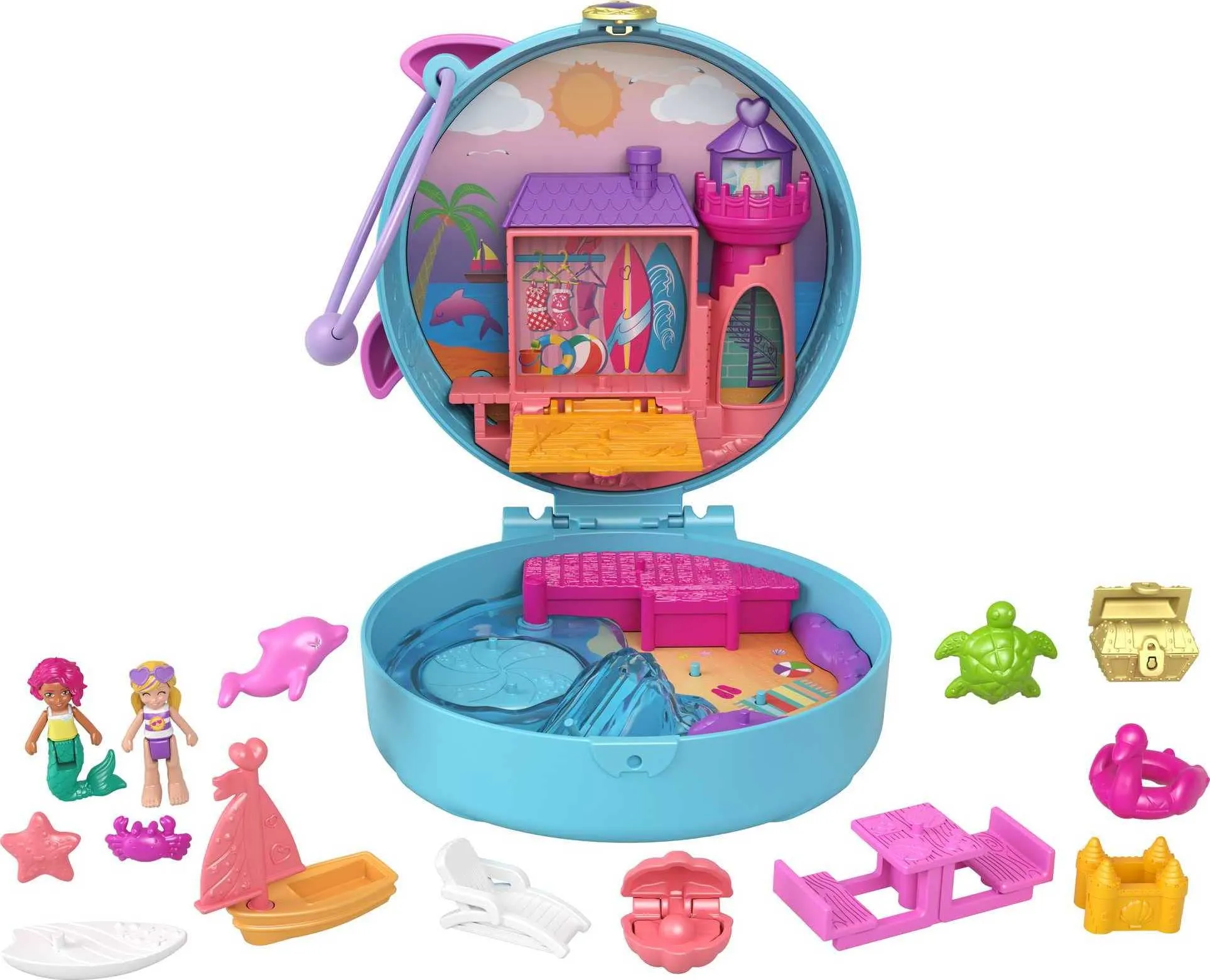 Polly Pocket Dolphin Beach Compact, Beach-Adventure Theme with Micro Polly & Mermaid Doll