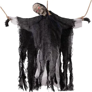 "Animated Halloween Hanging Ghost with Glowing Red Eyes and Creepy Sound - Spooky Party Decoration for Indoor and Outdoor Use (Black with 3 Strings)"