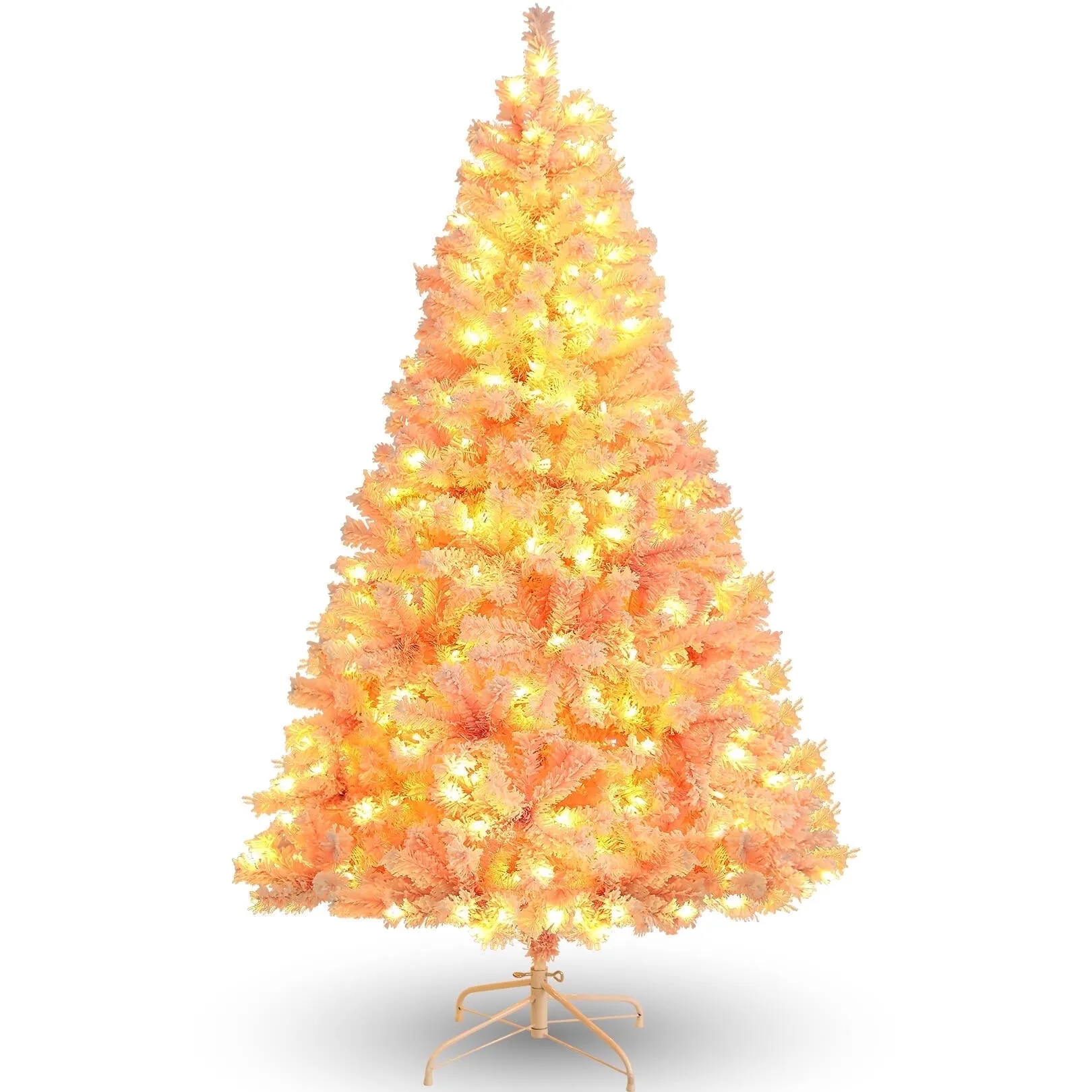 relaxed 6FT Pre-Lit Artificial Christmas Tree for Home, Office, Snow Flocked Christmas Pine Tree, Party Decoration w/ 250 Warm LED Lights, 640 Branch Tips, Metal Hinges & Foldable Base Pink Pre-Lit Flocked