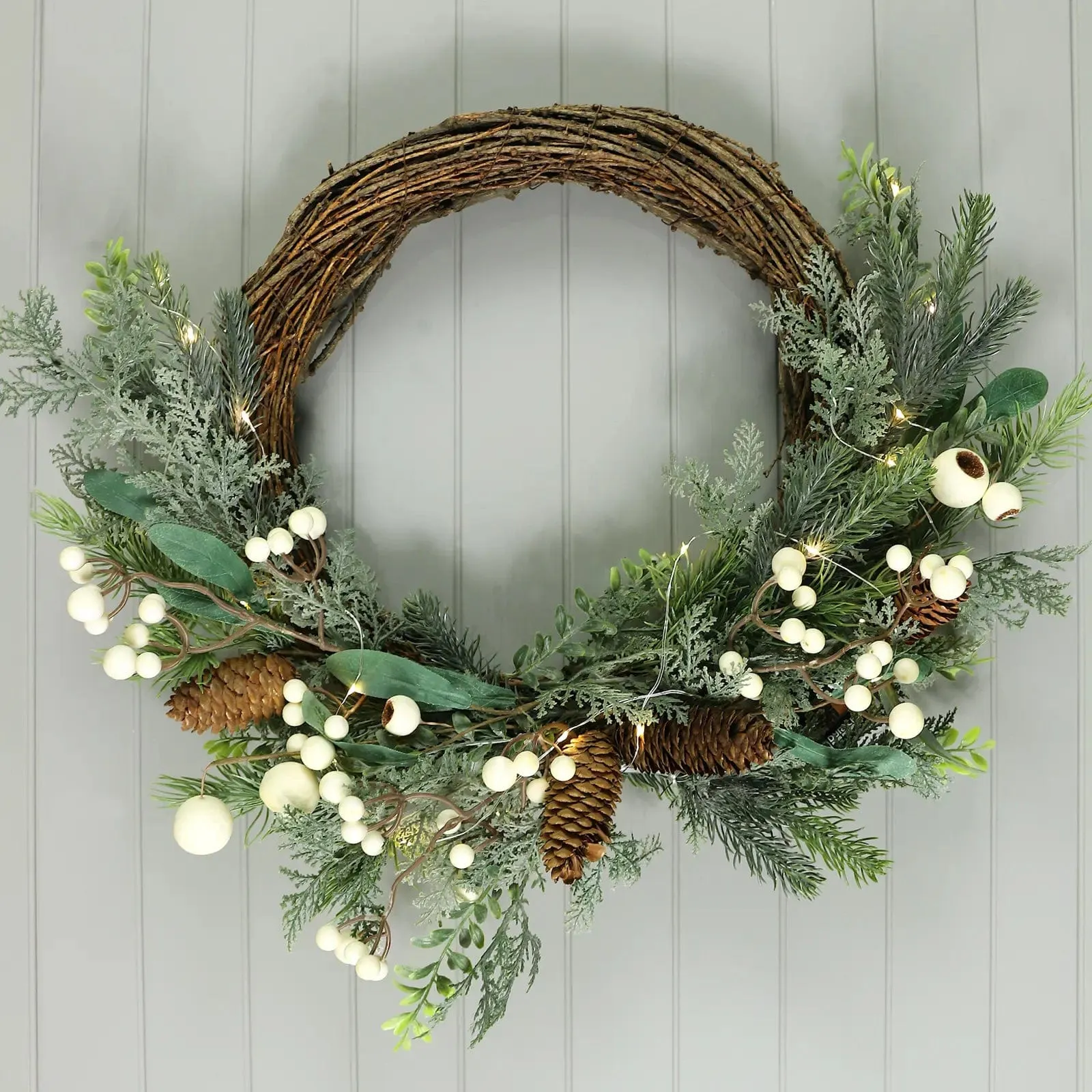 Snowberry Pine Cones Light Up Christmas Half Wreath 50cm