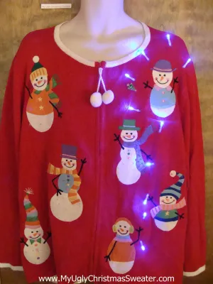 Super Colorful Snowmen Light Up Ugly Xmas Sweater