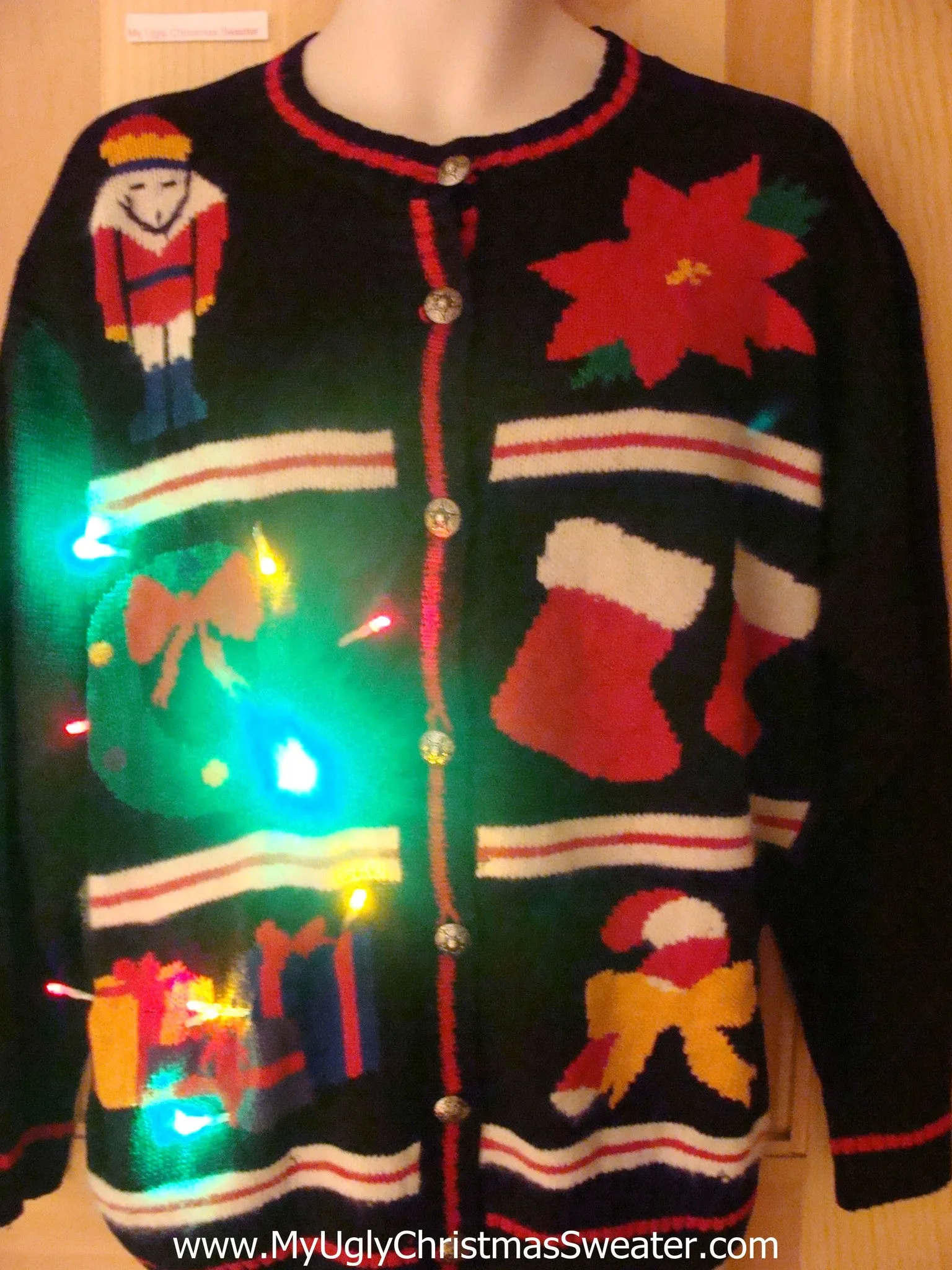 Tacky Light Up Christmas Sweater Poinsettia Nutcracker, Colorful Lights