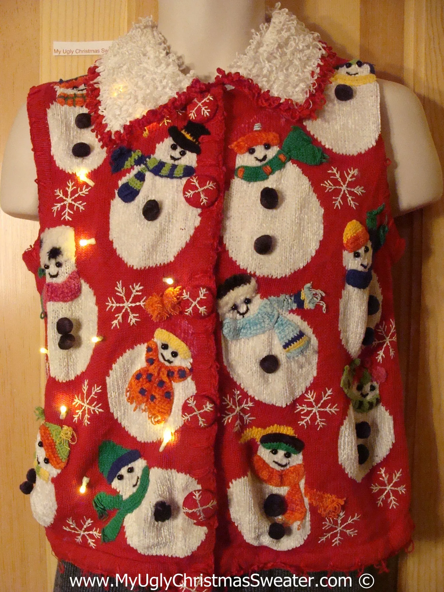 Tacky Xmas Sweater Vest with Lights Wobbly Snowmen Furry Collar (g131)