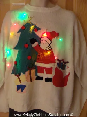 Tacky Xmas Sweater with Lights 80s Santa and Tree (g147)