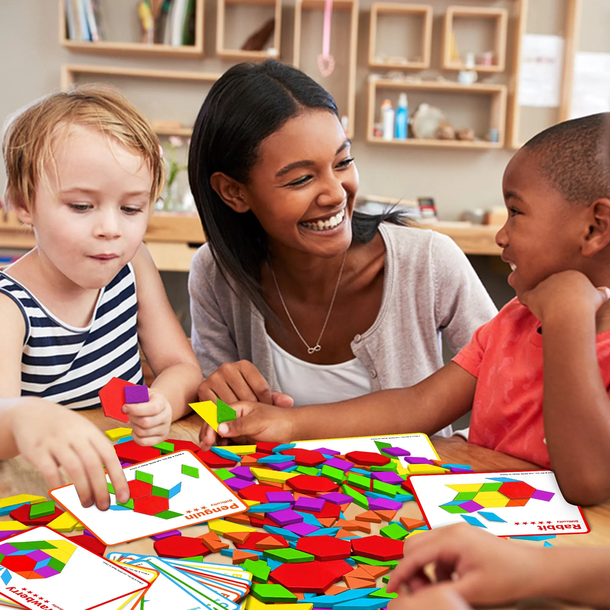 Wooden Pattern Blocks Tanagram Set - Fun Learning Toys for Ages 3 to 9