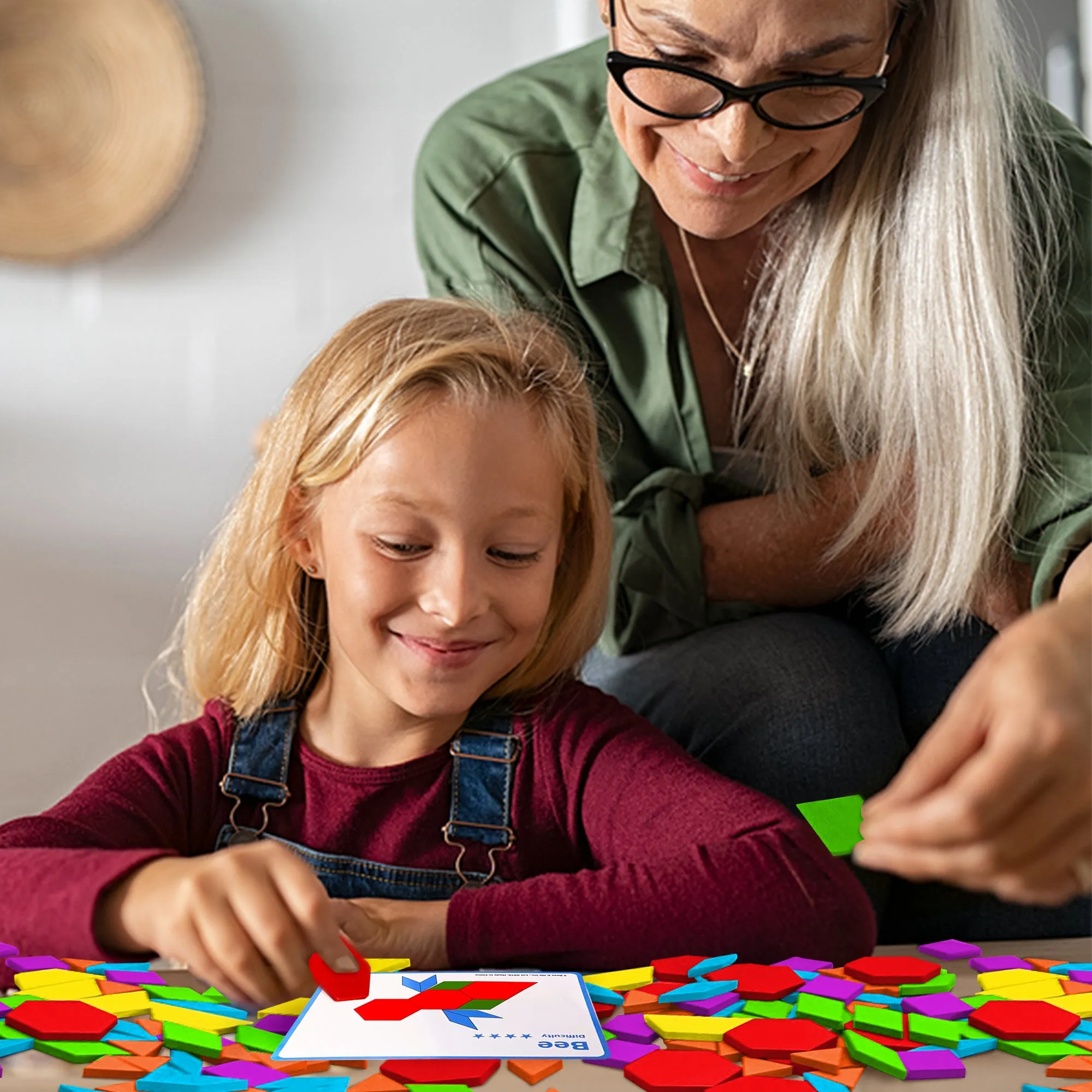 Wooden Pattern Blocks Tanagram Set - Fun Learning Toys for Ages 3 to 9